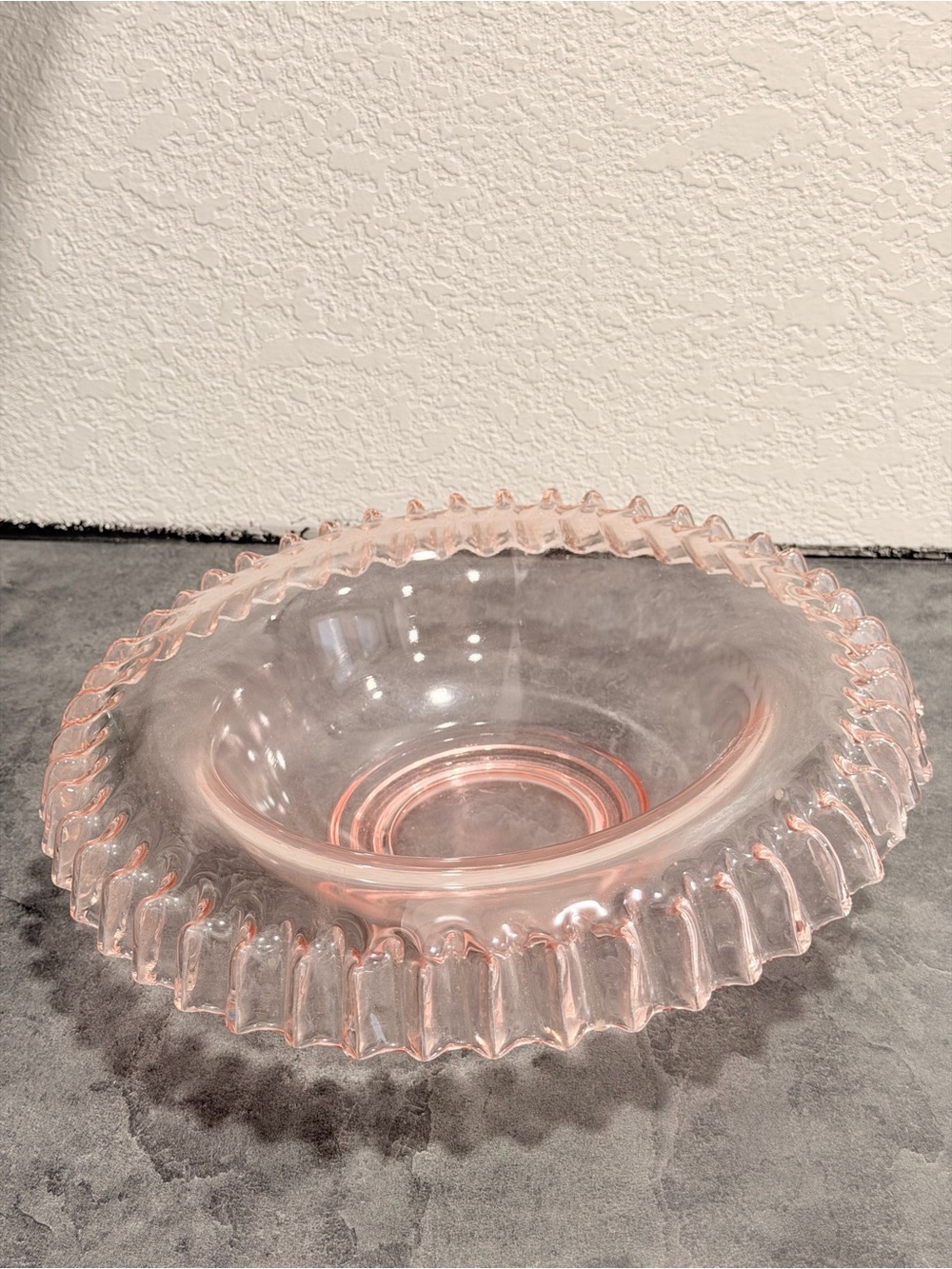 Large Pink Depression glass Decor bowl with scalloped ruffled  edges home decor
